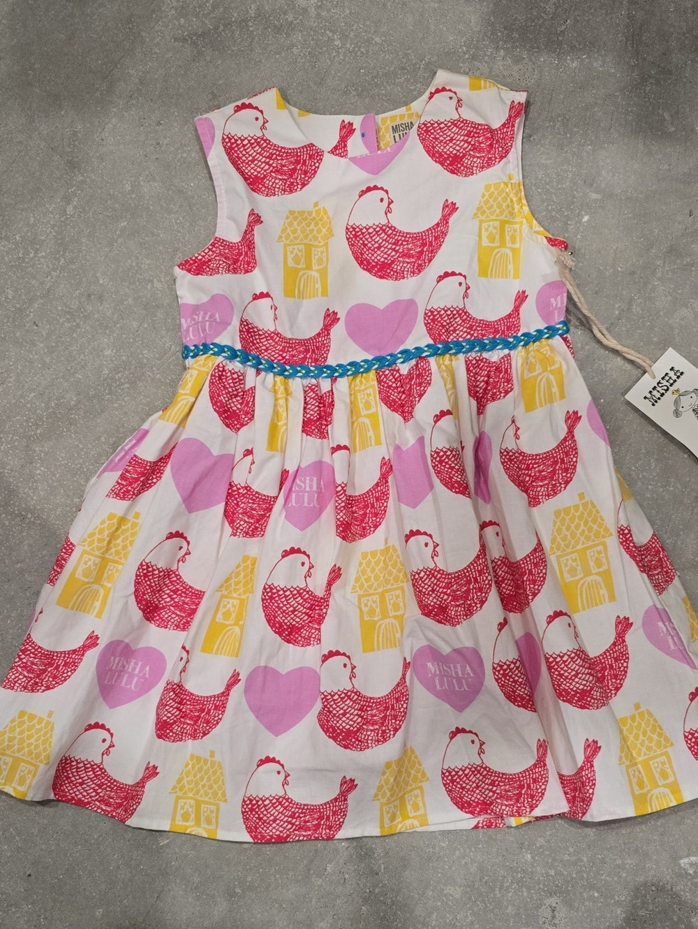 White Girls' Dress with Pink Chicken & Yellow House Print